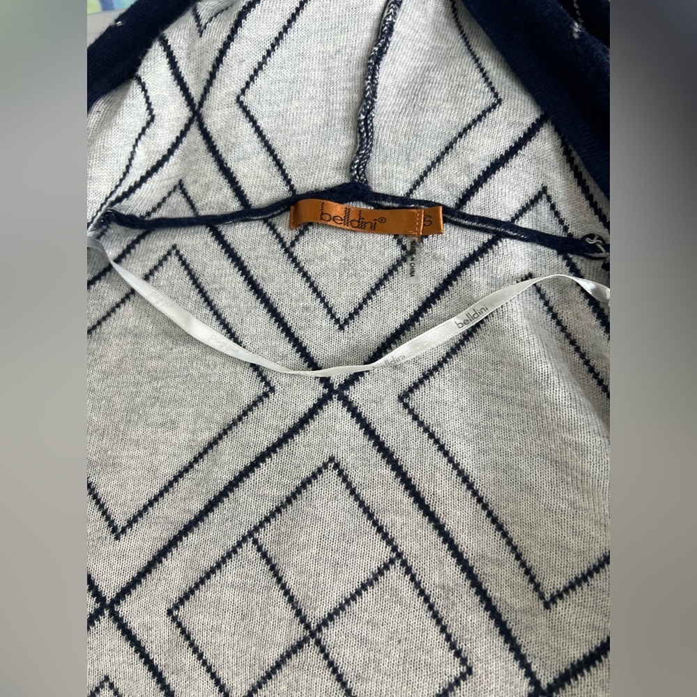 Belldini Cardigan Size S Hood Open Front Cardigan Blue White Geometric Nordic - Picture 9 of 11